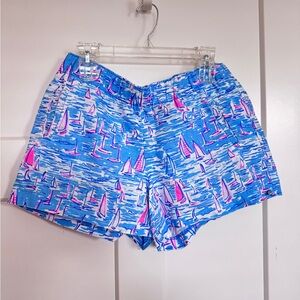 Lilly Pulitzer Lilo linen shorts in the "Zanzibar Blue Boatylicious" print